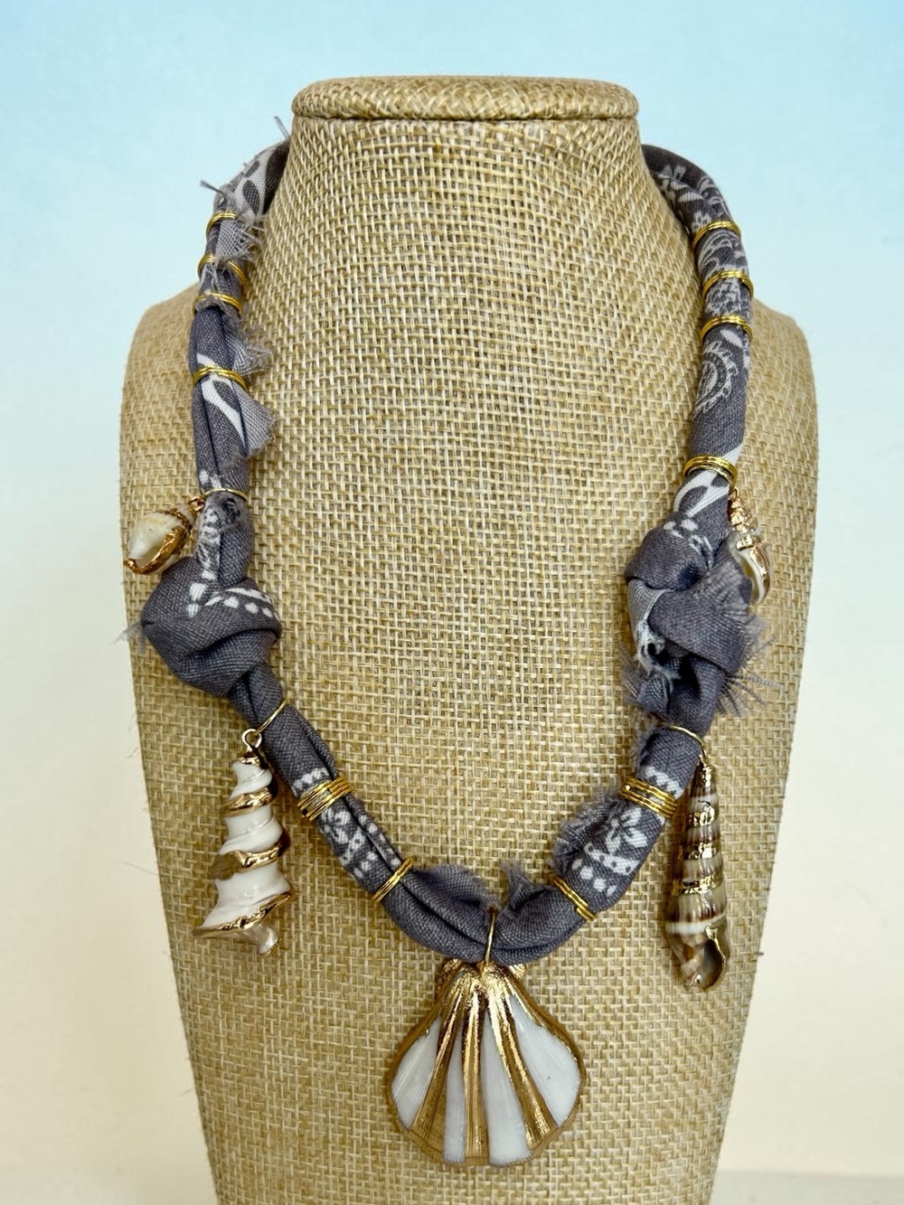 New Boho Handcrafted Gray Bandana Necklace with Gold Shell Accents